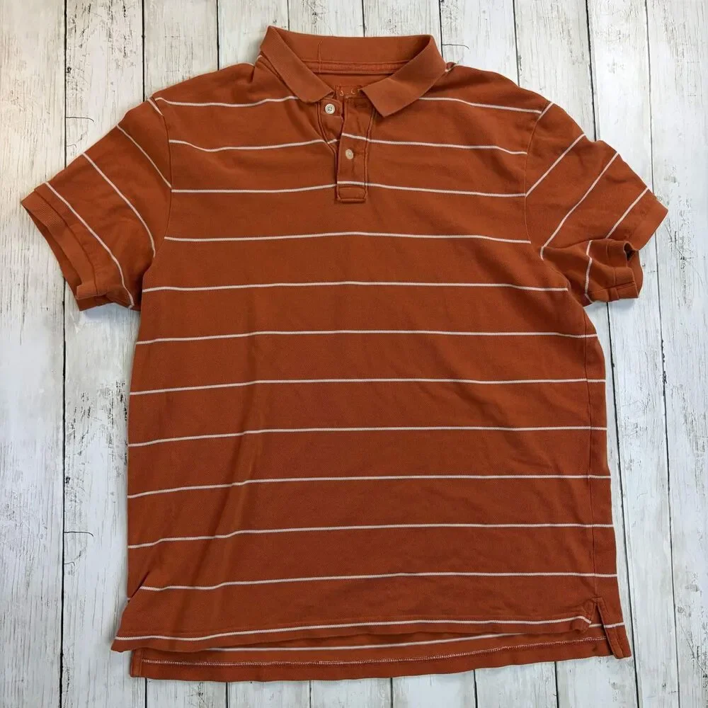 J.Crew Mens Polo Shirt Size Large Orange White Striped Cotton Short Sleeve